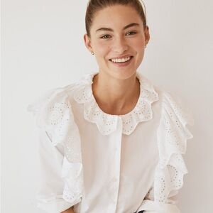 Mango | New With Tags White Eyelet Ruffle Button-Front Women's Top | 100% Cotton